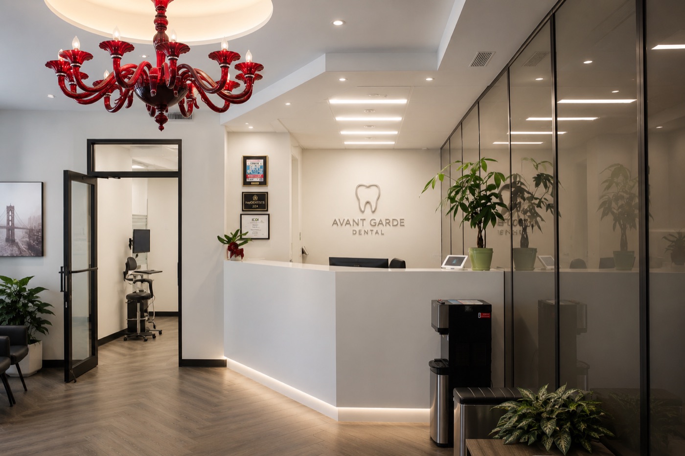 The reception desk and waiting area at Avant Garde Dental, 587 Kings Hwy