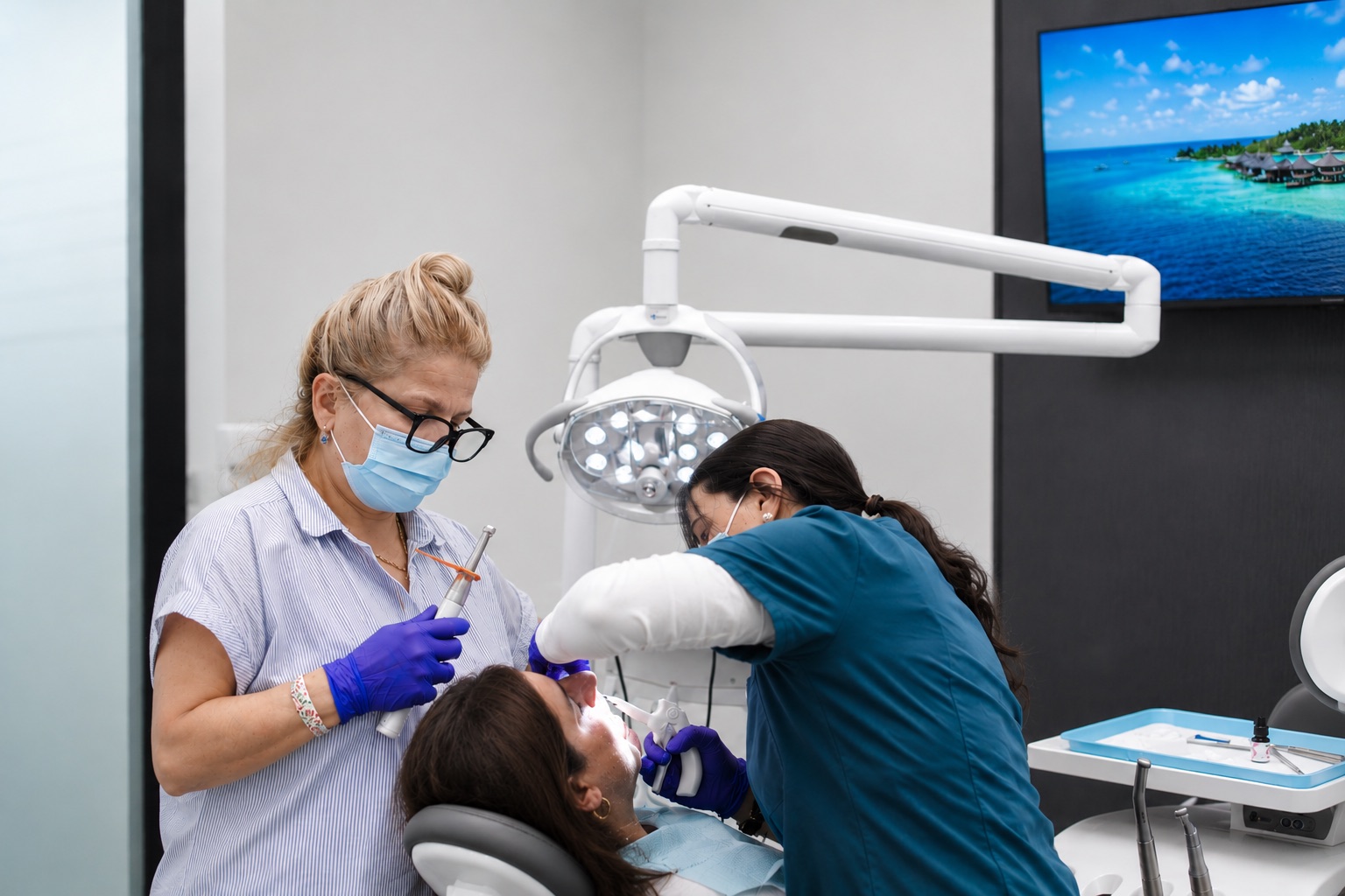 Two clinicians working together on a patient during a restorative procedure