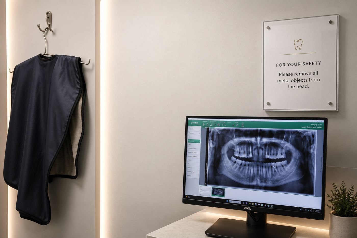 Imaging station showing a panoramic X-ray on screen, lead apron on the wall