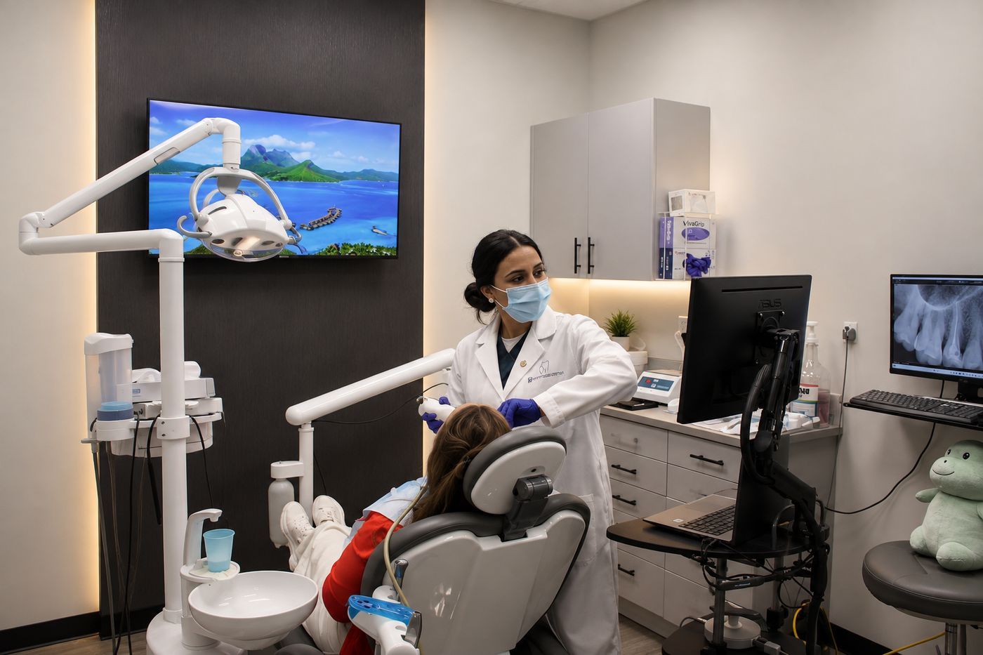 A clinician treating a patient with X-ray images on the monitor alongside