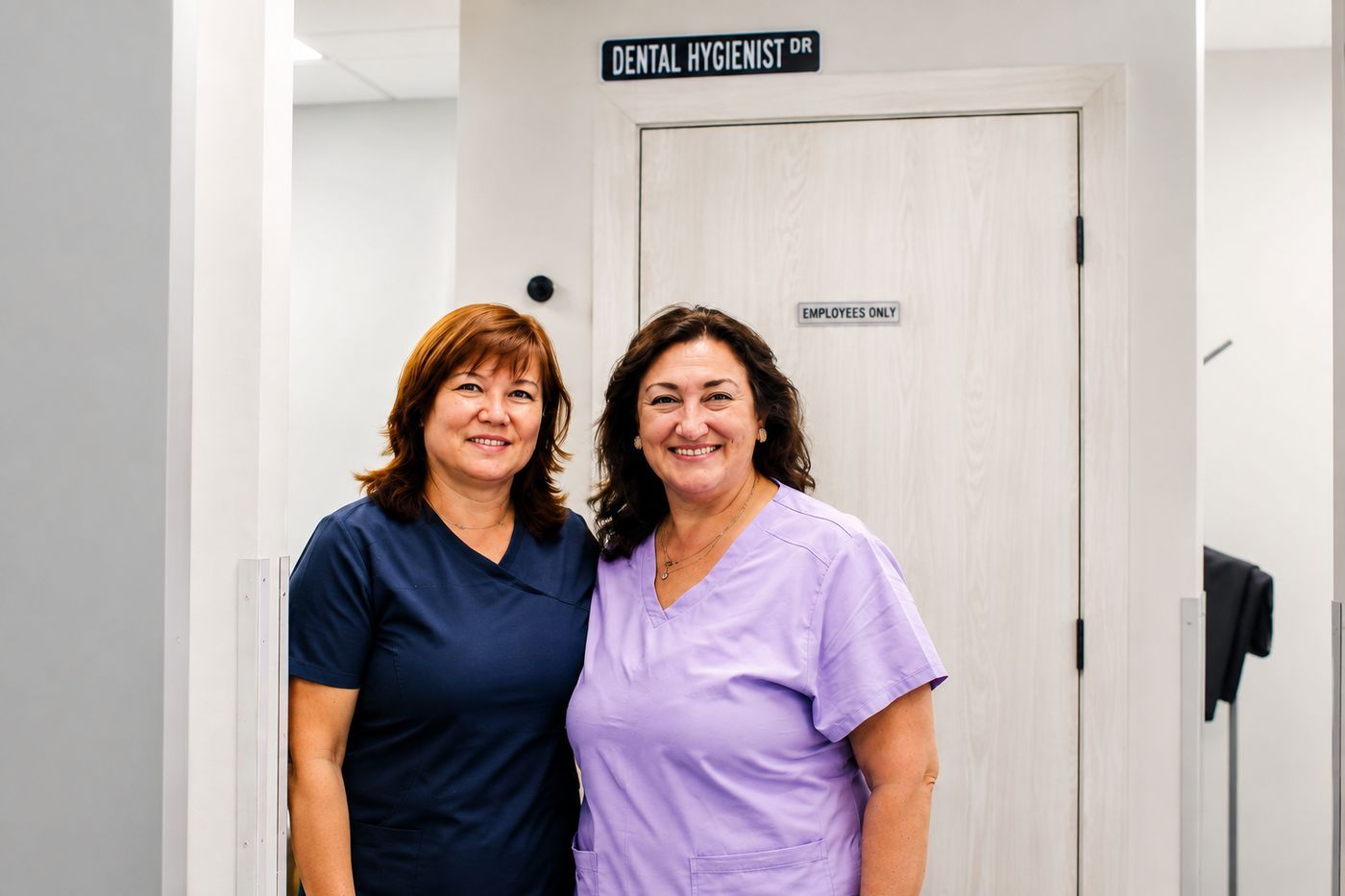 Two members of the hygiene team outside the hygienist's room