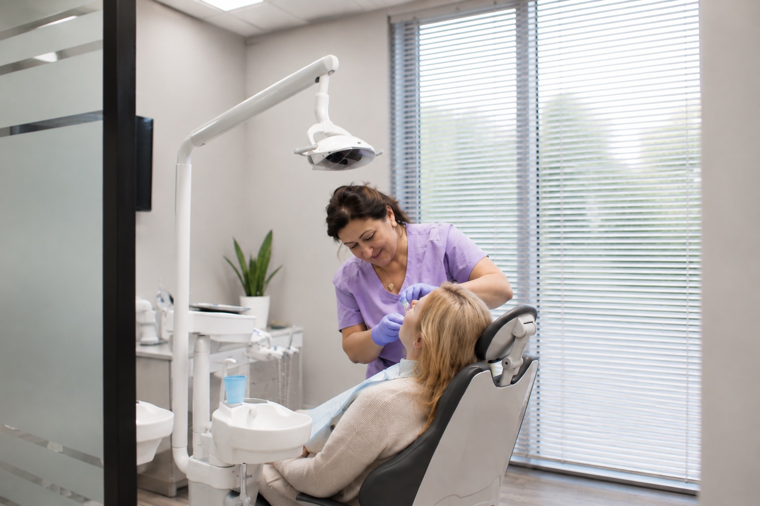 A hygienist treating a patient in a window-lit treatment room