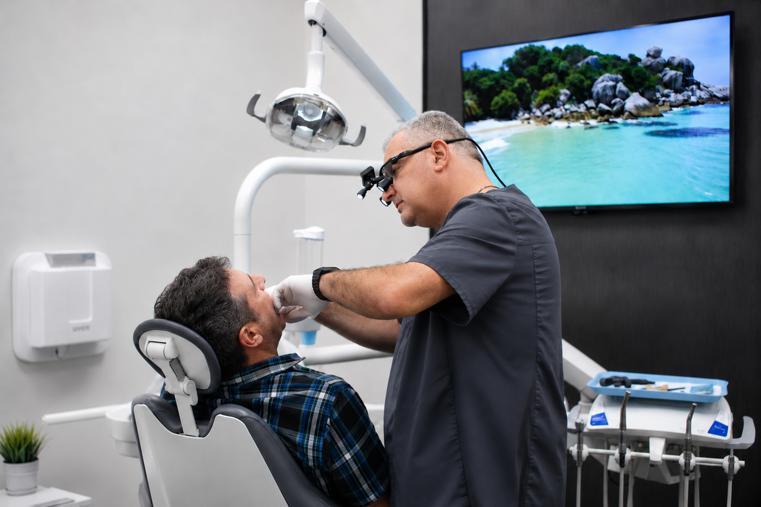 Dr. Dmitry Khaytman examining a patient at Avant Garde Dental